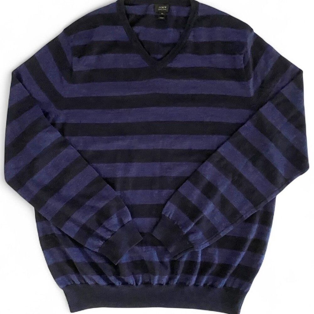 J Crew Mens Sweater Merino Wool XL Preppy Luxury Blue Black Striped Pullover